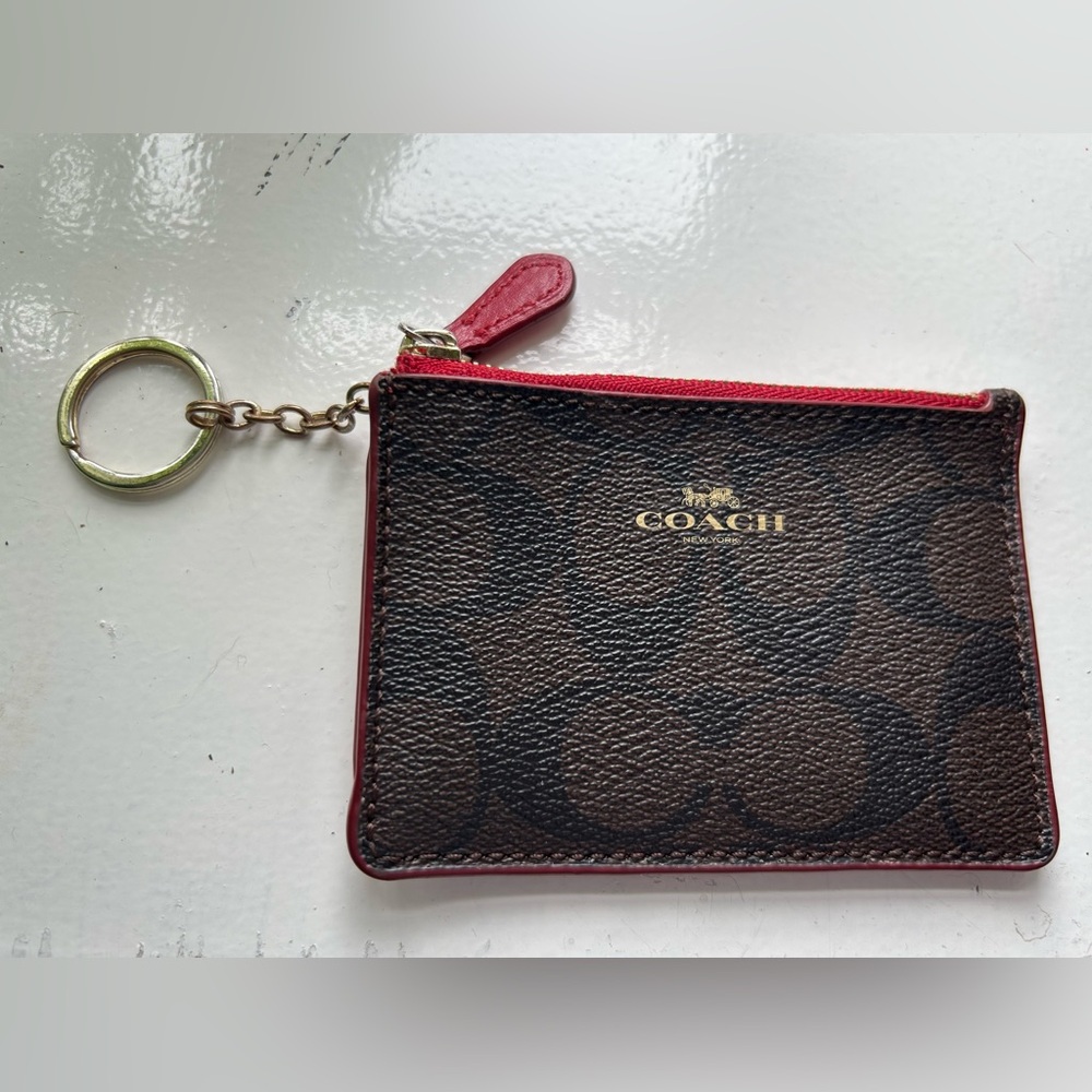 Coach Signature Brown and Red mini skinny ID case with Key ring